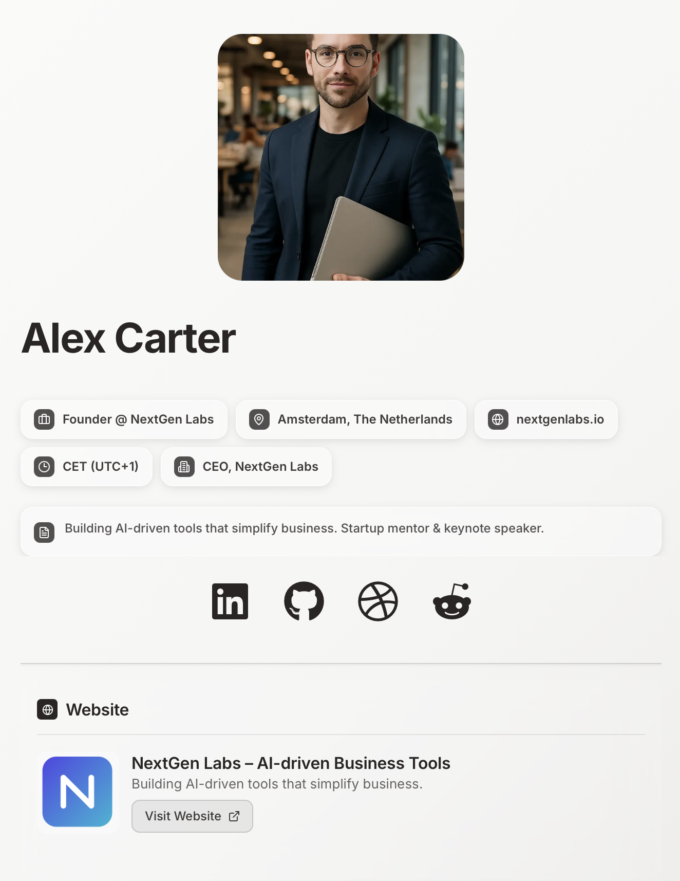 Professional Profile Card - Alex Carter
